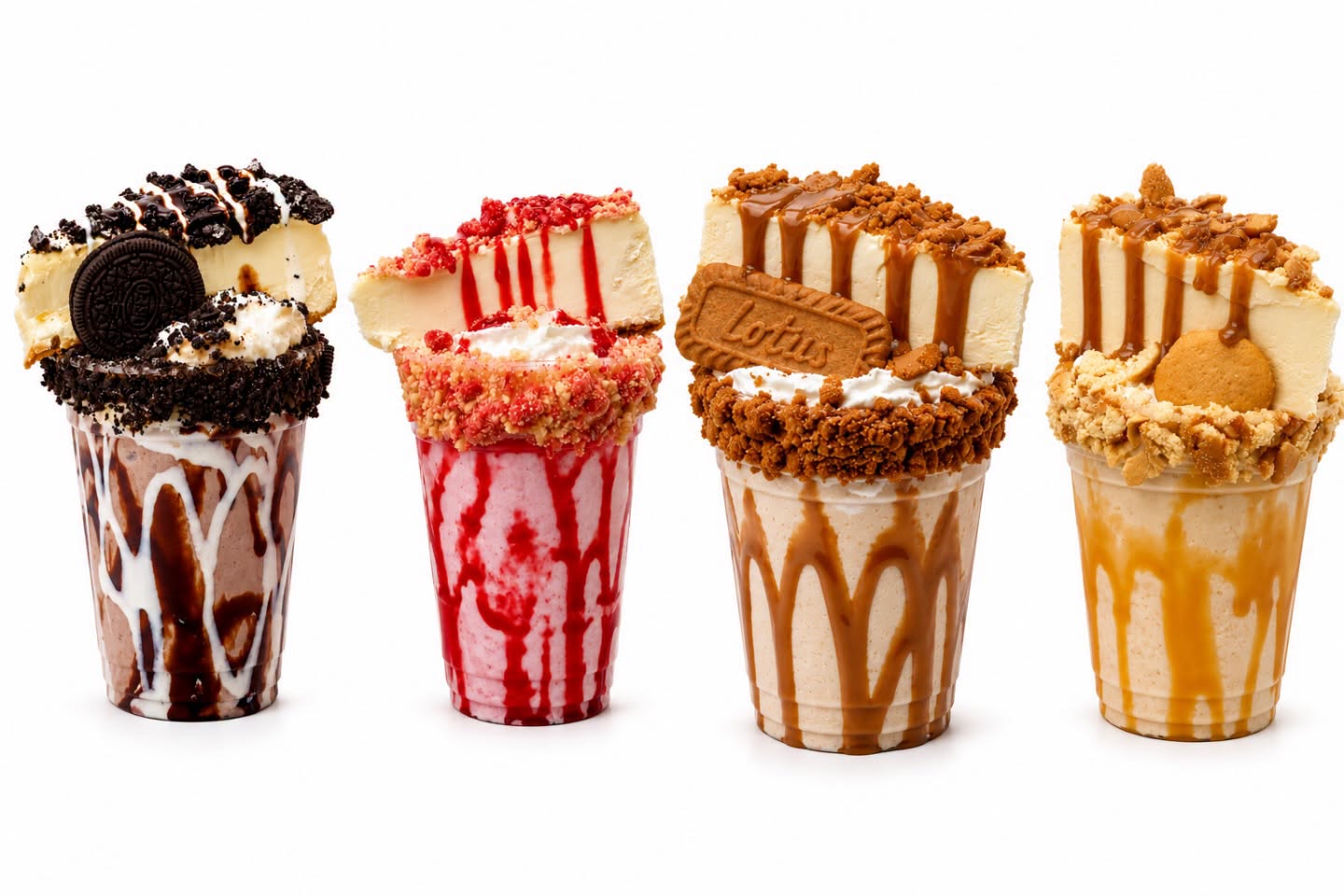 Four cheesecake milkshakes - Oreo, strawberry, Biscoff, caramel
