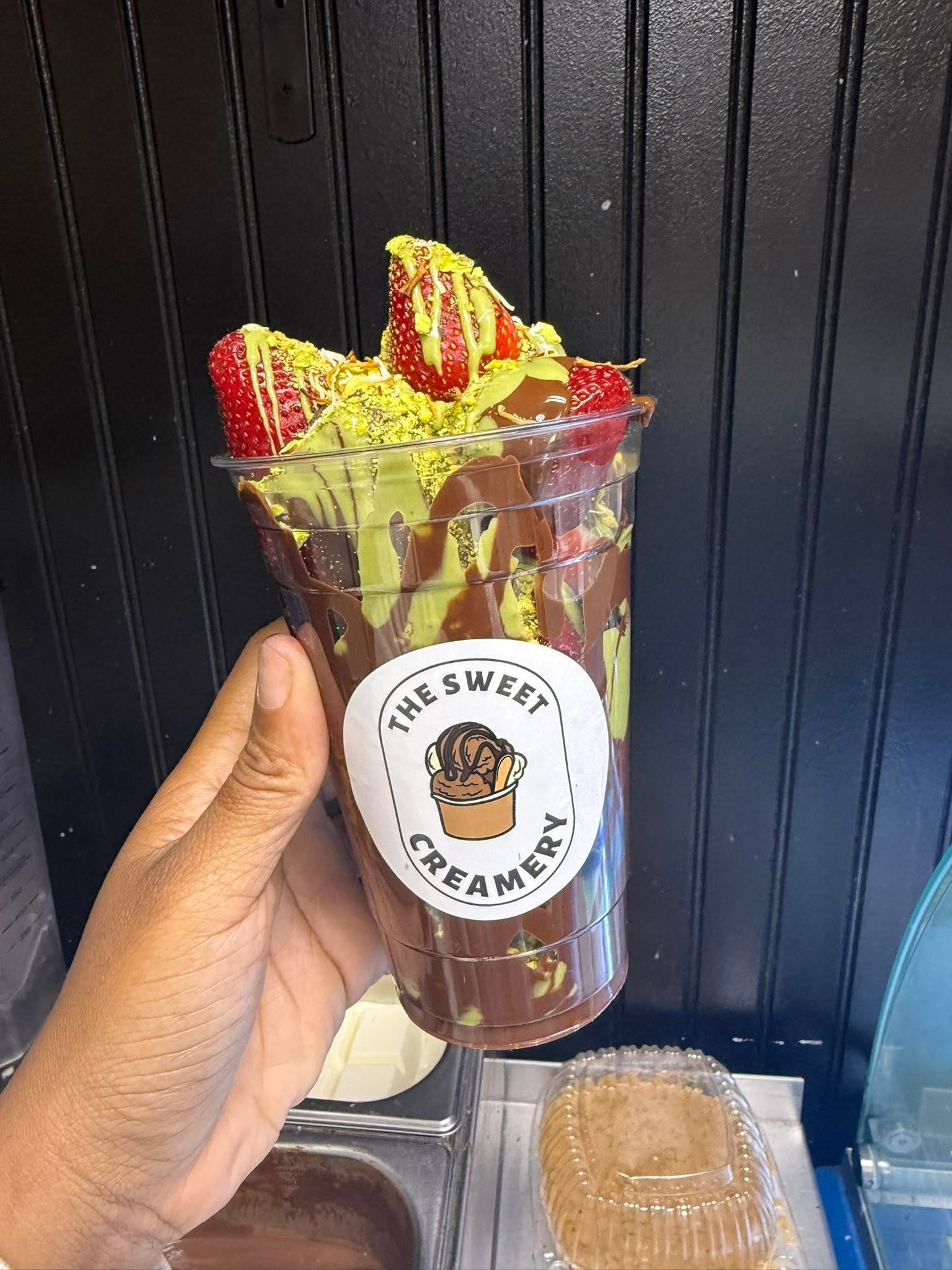 Chocolate pistachio strawberry sundae cup