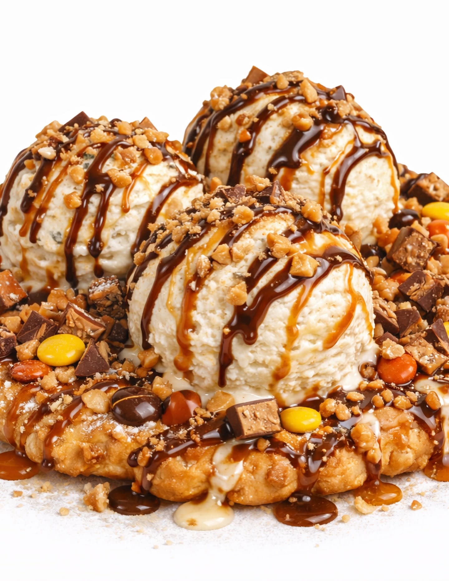 Funnel cake with vanilla ice cream, candy and caramel