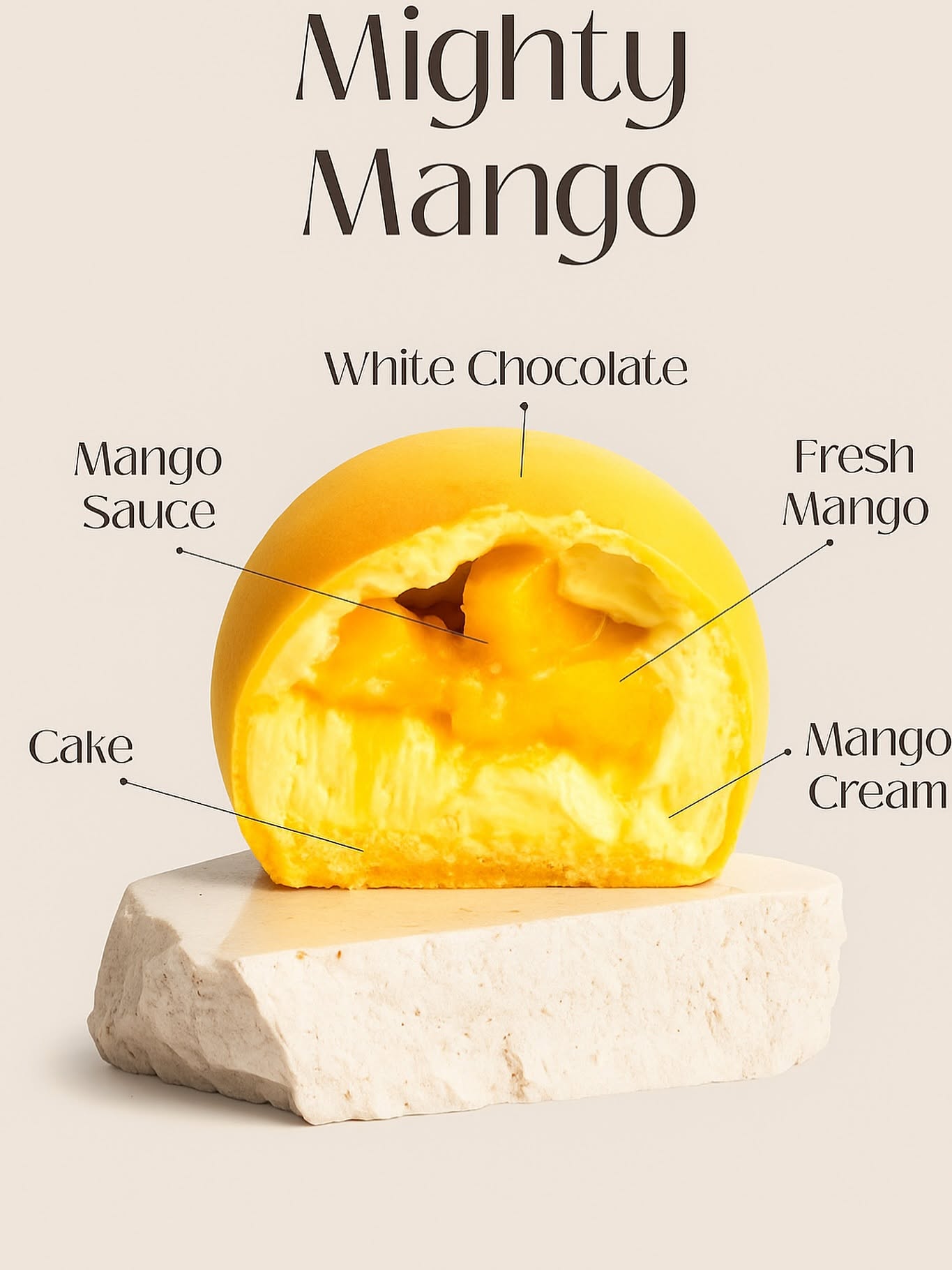 Mighty Mango dome cake - white chocolate shell, mango sauce, fresh mango, cake, mango cream